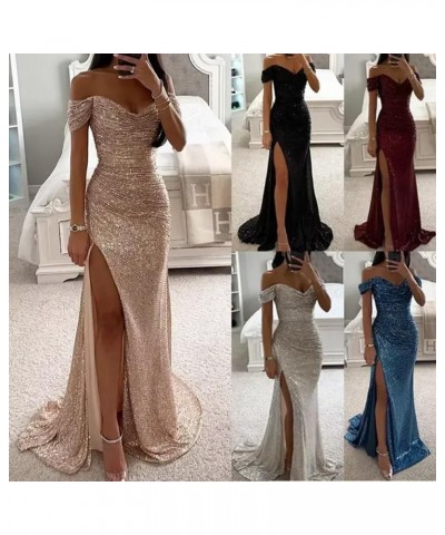 Off Shoulder Sequin Prom Dresses Mermaid Long with Slit Formal Party Evening Gown Purple $23.65 Dresses