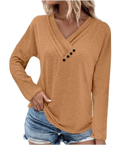 T Shirts for Women Women's Fashion Casual Solid Color Chest Panel Ruched Button V Neck Long Sleeve Ladies Long Top 4-ginger $...