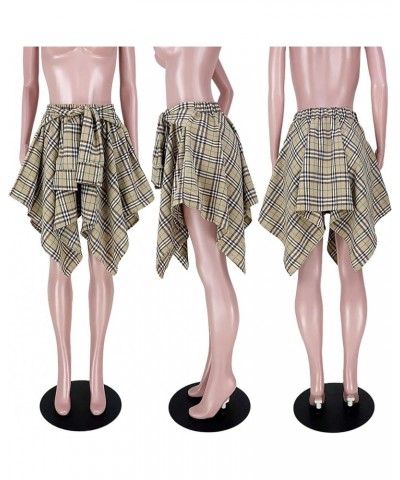 Women's Plaid Skirts High Waisted Knot Front Asymmetrical Hem Mini Skater Skirt Khaki $21.94 Skirts