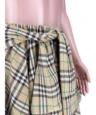 Women's Plaid Skirts High Waisted Knot Front Asymmetrical Hem Mini Skater Skirt Khaki $21.94 Skirts