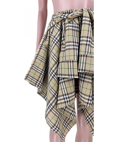 Women's Plaid Skirts High Waisted Knot Front Asymmetrical Hem Mini Skater Skirt Khaki $21.94 Skirts