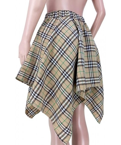 Women's Plaid Skirts High Waisted Knot Front Asymmetrical Hem Mini Skater Skirt Khaki $21.94 Skirts