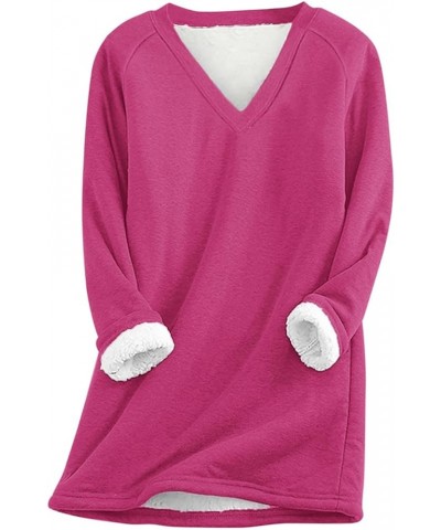 Womens Long Sleeve Comfortable Sweatshirts V Neck Thick Fleece Pullover Tops Soft Warm Winter Sweatshirt 05 Hot Pink $10.06 H...