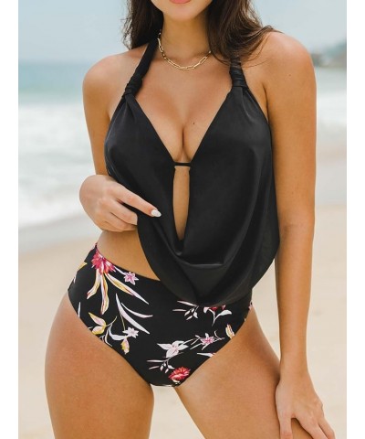 Tankini Bathing Suit for Women Halter Deep V Cowl Neck Low Back Swimsuit Black/ Tropical $18.06 Swimsuits