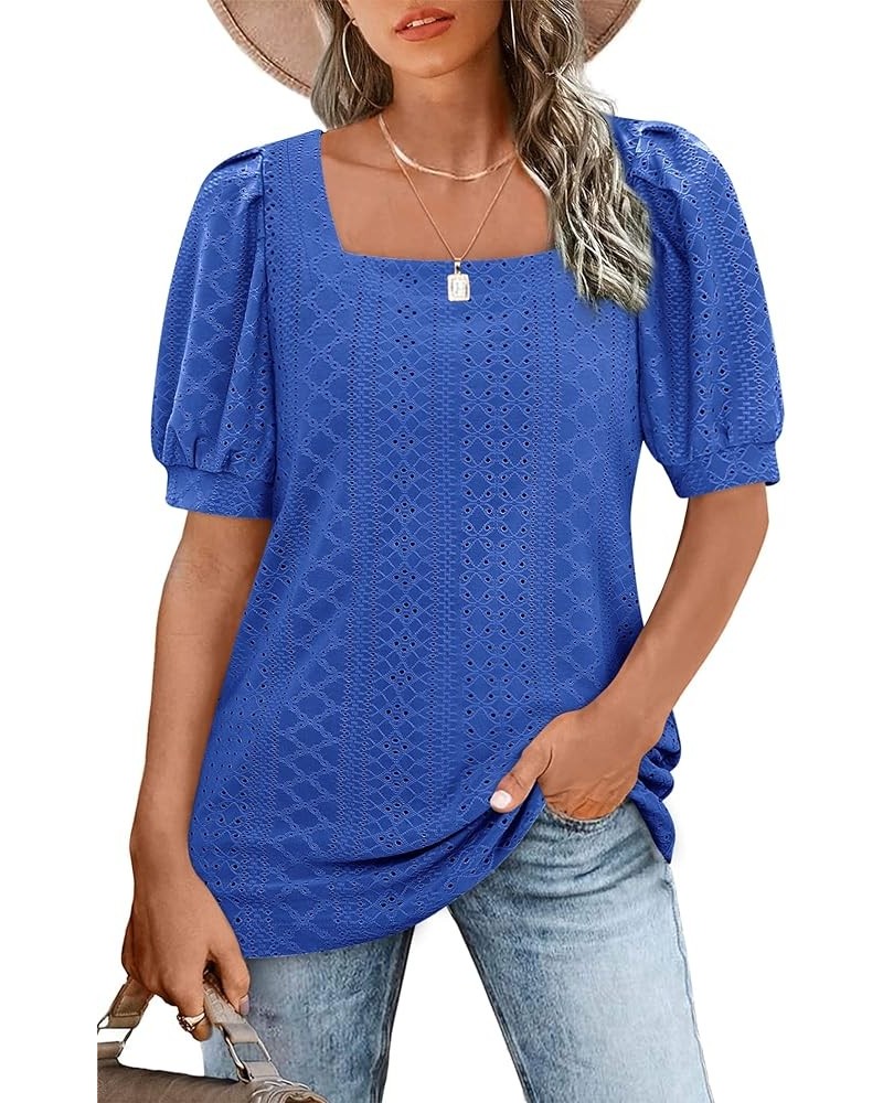 Womens Summer Tops 2024 Square Neck Short Sleeve Tunic Tops Eyelet T-Shirts S-2XL 14-navy Blue $15.94 Tops