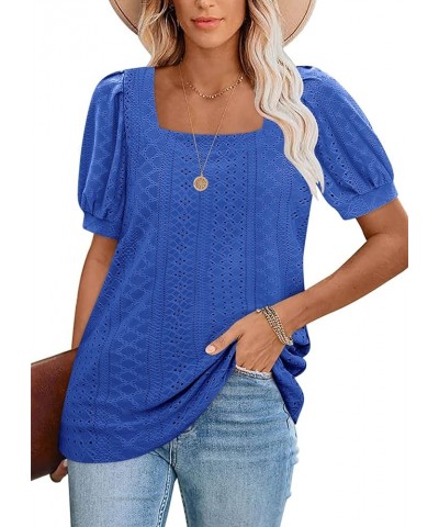 Womens Summer Tops 2024 Square Neck Short Sleeve Tunic Tops Eyelet T-Shirts S-2XL 14-navy Blue $15.94 Tops