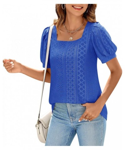 Womens Summer Tops 2024 Square Neck Short Sleeve Tunic Tops Eyelet T-Shirts S-2XL 14-navy Blue $15.94 Tops