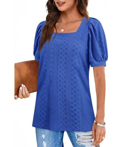 Womens Summer Tops 2024 Square Neck Short Sleeve Tunic Tops Eyelet T-Shirts S-2XL 14-navy Blue $15.94 Tops