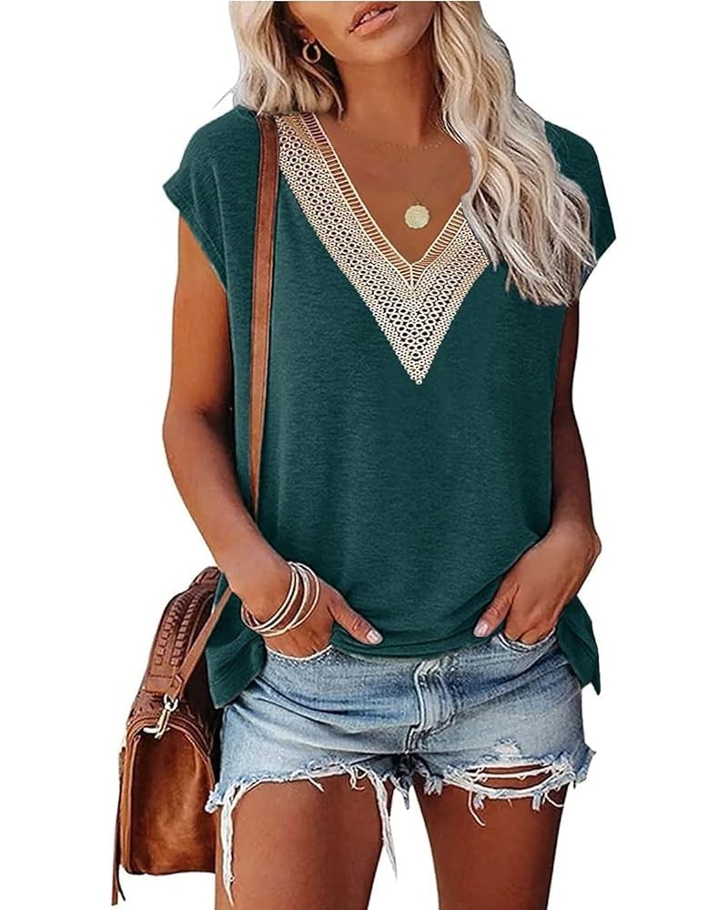 Womens Cap Sleeve Summer Tops Trendy Tank Tops Lace Floral Print V Neck Loose Fit Shirts Blackish Green $9.02 Tanks