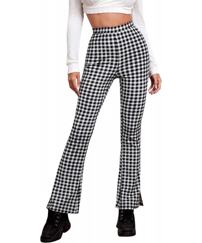 Women's Plaid High Waisted Flare Leg Pants Stretchy Elastic Waist Fit Casual Fashion Trousers Black White Gingham S $10.79 Pants