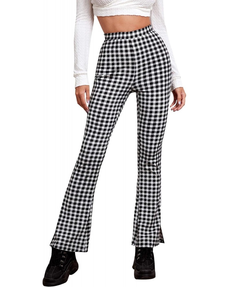 Women's Plaid High Waisted Flare Leg Pants Stretchy Elastic Waist Fit Casual Fashion Trousers Black White Gingham S $10.79 Pants