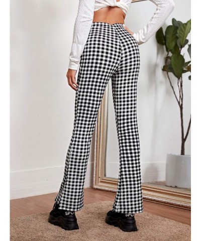 Women's Plaid High Waisted Flare Leg Pants Stretchy Elastic Waist Fit Casual Fashion Trousers Black White Gingham S $10.79 Pants