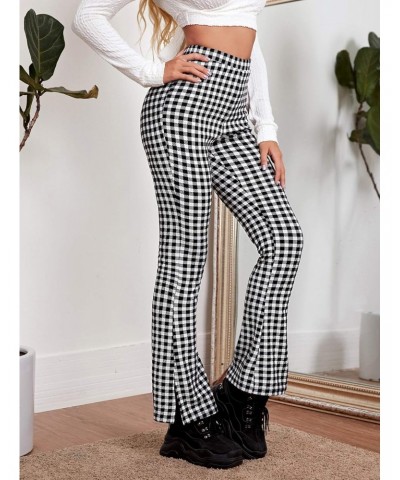 Women's Plaid High Waisted Flare Leg Pants Stretchy Elastic Waist Fit Casual Fashion Trousers Black White Gingham S $10.79 Pants