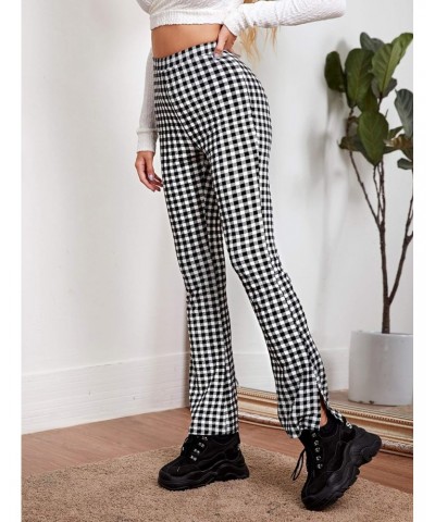 Women's Plaid High Waisted Flare Leg Pants Stretchy Elastic Waist Fit Casual Fashion Trousers Black White Gingham S $10.79 Pants