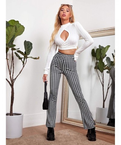 Women's Plaid High Waisted Flare Leg Pants Stretchy Elastic Waist Fit Casual Fashion Trousers Black White Gingham S $10.79 Pants