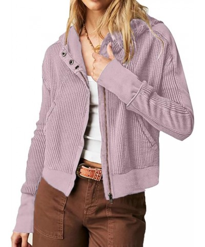 Womens Jackets Waffle Knit Hoodies Zip Up Sweatshirts Long Sleeve Cropped Shacket with Pocket Purple $21.23 Jackets