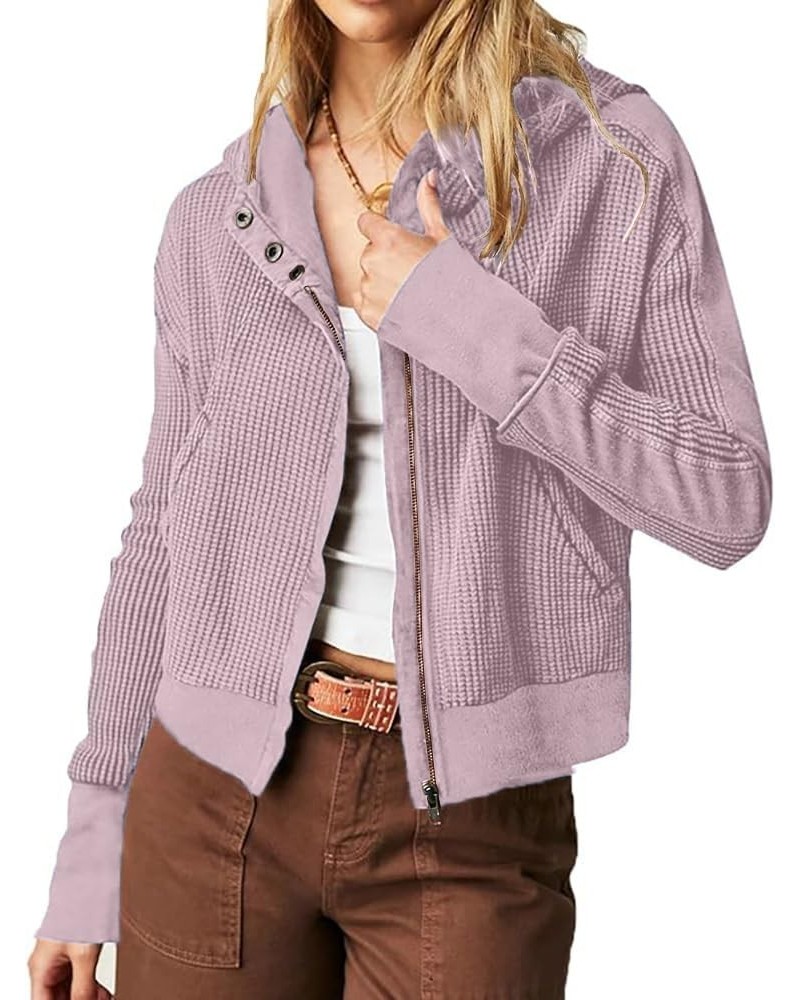 Womens Jackets Waffle Knit Hoodies Zip Up Sweatshirts Long Sleeve Cropped Shacket with Pocket Purple $21.23 Jackets