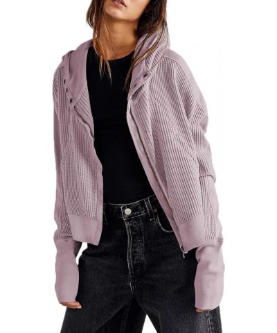 Womens Jackets Waffle Knit Hoodies Zip Up Sweatshirts Long Sleeve Cropped Shacket with Pocket Purple $21.23 Jackets