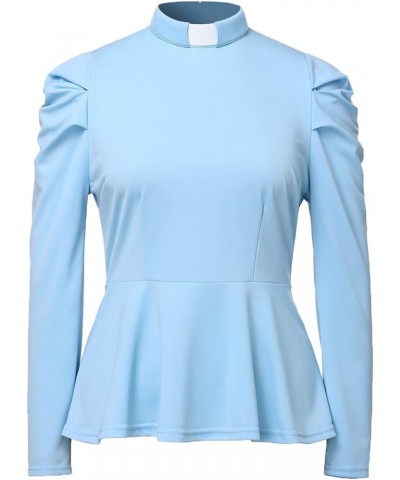 Women's Elegant Clergy Shirt Long Sleeve Ruffle Hem Ministers Blouse Casual Tops Blue $19.46 Blouses