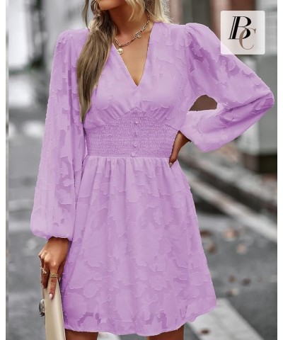 Women Dresses Cocktail with Lining Knee Length Long Sleeve Elegant Lace Smocked Short Dress 2023 Summer Dresses Purple $14.85...