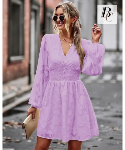 Women Dresses Cocktail with Lining Knee Length Long Sleeve Elegant Lace Smocked Short Dress 2023 Summer Dresses Purple $14.85...