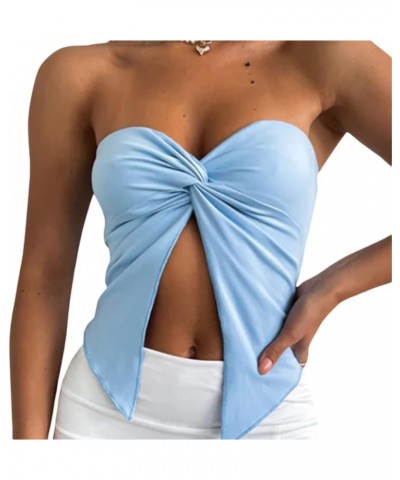 Women Strapless Tube Crop Tops Lace Trim Patchwork Off Shoulder Tops Summer Aesthetic Backless Hollow Out Vest M-blue $7.66 T...