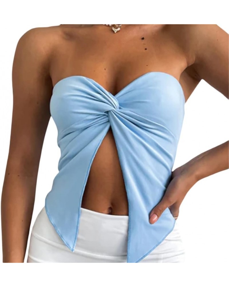 Women Strapless Tube Crop Tops Lace Trim Patchwork Off Shoulder Tops Summer Aesthetic Backless Hollow Out Vest M-blue $7.66 T...