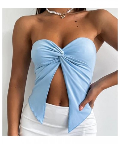 Women Strapless Tube Crop Tops Lace Trim Patchwork Off Shoulder Tops Summer Aesthetic Backless Hollow Out Vest M-blue $7.66 T...