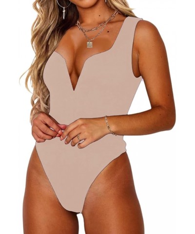 Women's Deep V Bodysuit Sleeveless Tank Tops Thong Leotards Khaki $11.96 Lingerie