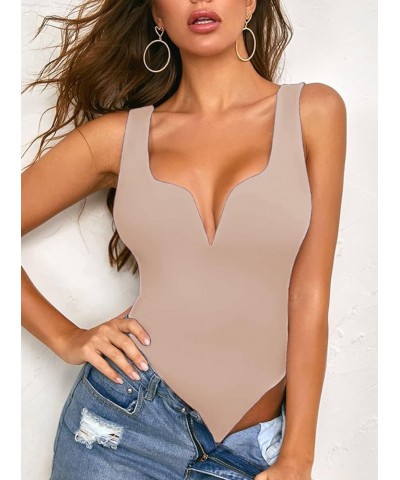 Women's Deep V Bodysuit Sleeveless Tank Tops Thong Leotards Khaki $11.96 Lingerie