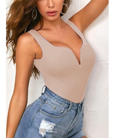 Women's Deep V Bodysuit Sleeveless Tank Tops Thong Leotards Khaki $11.96 Lingerie