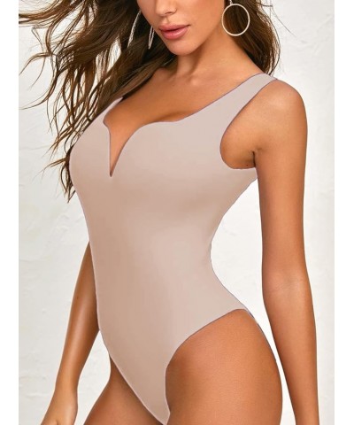 Women's Deep V Bodysuit Sleeveless Tank Tops Thong Leotards Khaki $11.96 Lingerie