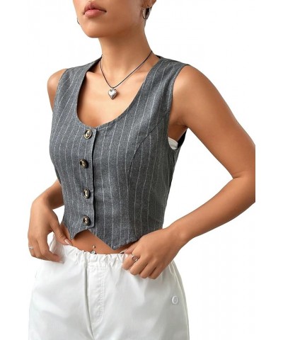 Women's Striped Button Front Sleeveless Asymmetrical Hem Blazer Crop Waistcoat Vest Grey $17.40 Vests