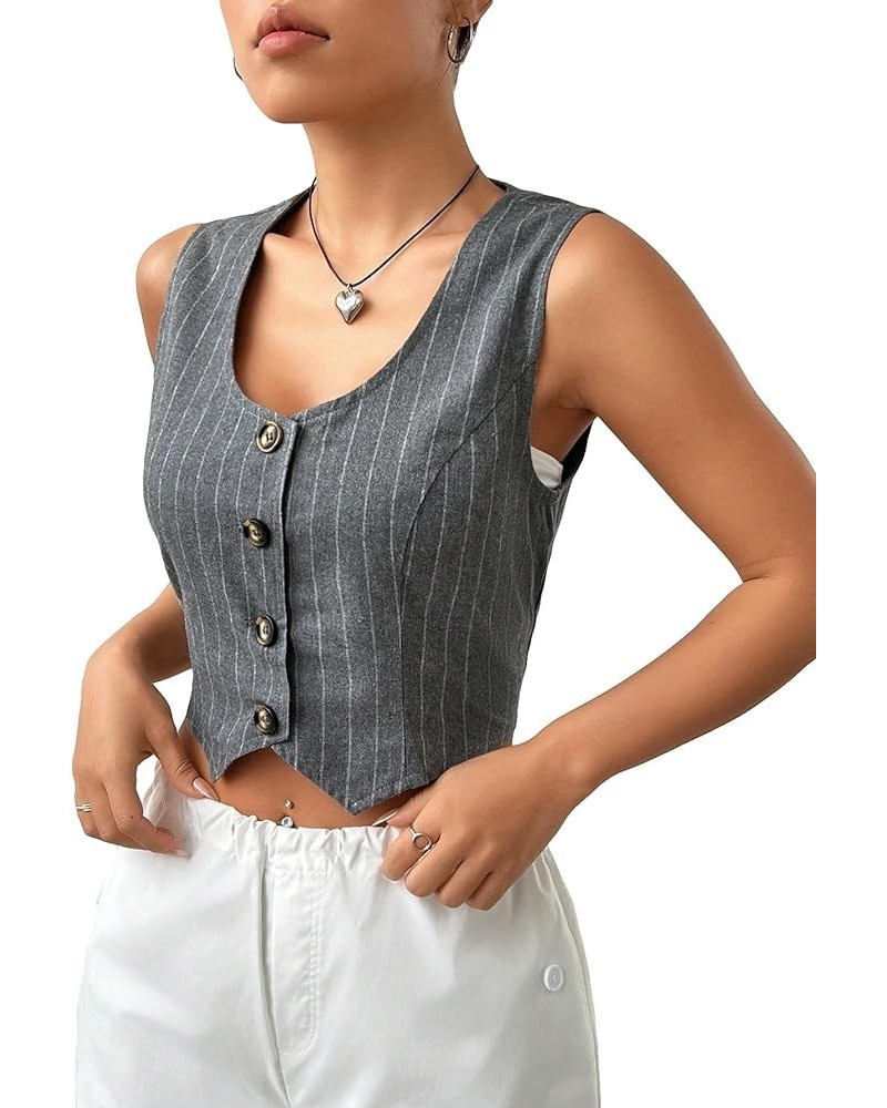 Women's Striped Button Front Sleeveless Asymmetrical Hem Blazer Crop Waistcoat Vest Grey $17.40 Vests