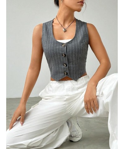 Women's Striped Button Front Sleeveless Asymmetrical Hem Blazer Crop Waistcoat Vest Grey $17.40 Vests