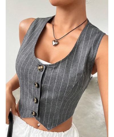 Women's Striped Button Front Sleeveless Asymmetrical Hem Blazer Crop Waistcoat Vest Grey $17.40 Vests