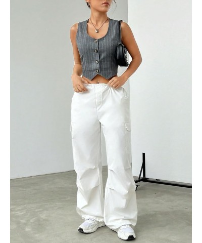 Women's Striped Button Front Sleeveless Asymmetrical Hem Blazer Crop Waistcoat Vest Grey $17.40 Vests