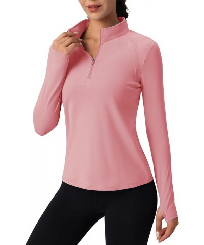 Women's Quarter Zip Pullover Shirts with Pockets Slim Fit Workout Running Jackets with Thumb Holes Grey Pink $13.93 Jackets