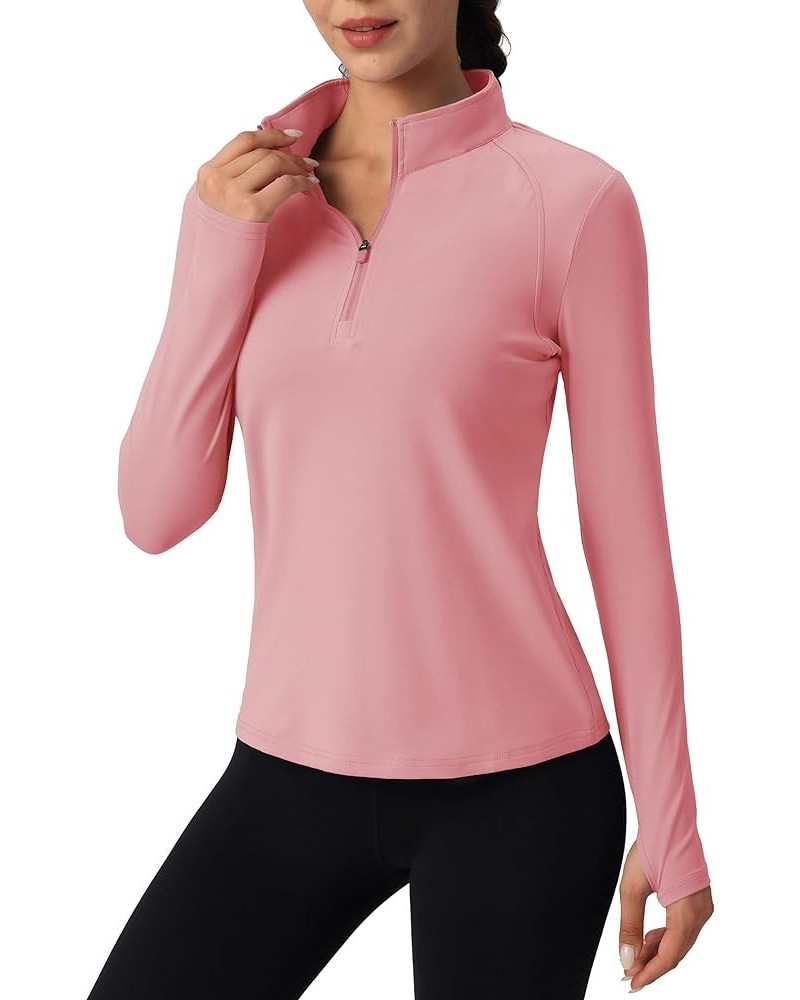 Women's Quarter Zip Pullover Shirts with Pockets Slim Fit Workout Running Jackets with Thumb Holes Grey Pink $13.93 Jackets