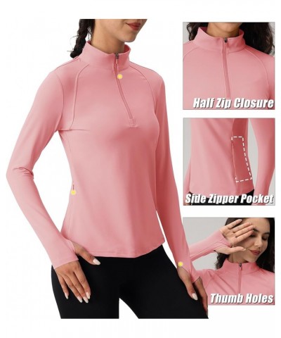 Women's Quarter Zip Pullover Shirts with Pockets Slim Fit Workout Running Jackets with Thumb Holes Grey Pink $13.93 Jackets