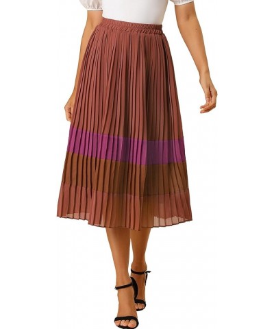 Women's Summer Elastic Waist Color Block A-Line Pleated Chiffon Midi Skirt Red-brown $21.65 Skirts