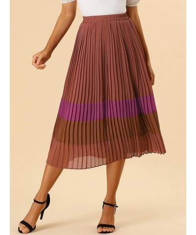 Women's Summer Elastic Waist Color Block A-Line Pleated Chiffon Midi Skirt Red-brown $21.65 Skirts