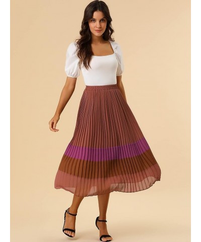 Women's Summer Elastic Waist Color Block A-Line Pleated Chiffon Midi Skirt Red-brown $21.65 Skirts