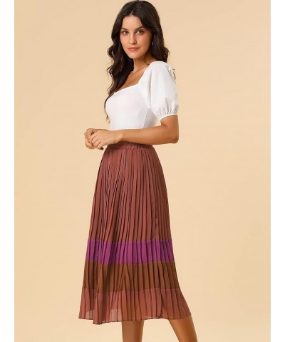 Women's Summer Elastic Waist Color Block A-Line Pleated Chiffon Midi Skirt Red-brown $21.65 Skirts