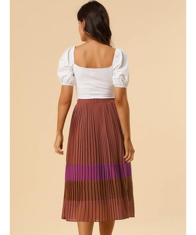 Women's Summer Elastic Waist Color Block A-Line Pleated Chiffon Midi Skirt Red-brown $21.65 Skirts