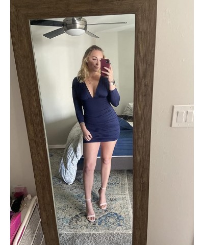 Women's Sexy Bodycon Long Sleeve V Neck Ruched Mini Club Dress Navy $13.95 Dresses