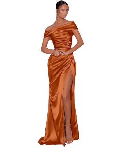 Mermaid Satin Bridesmaid Dresses Off The Shoulder Pleated Formal Evening Prom Gown Long with Slit MA40 Burnt Orange $35.74 Dr...