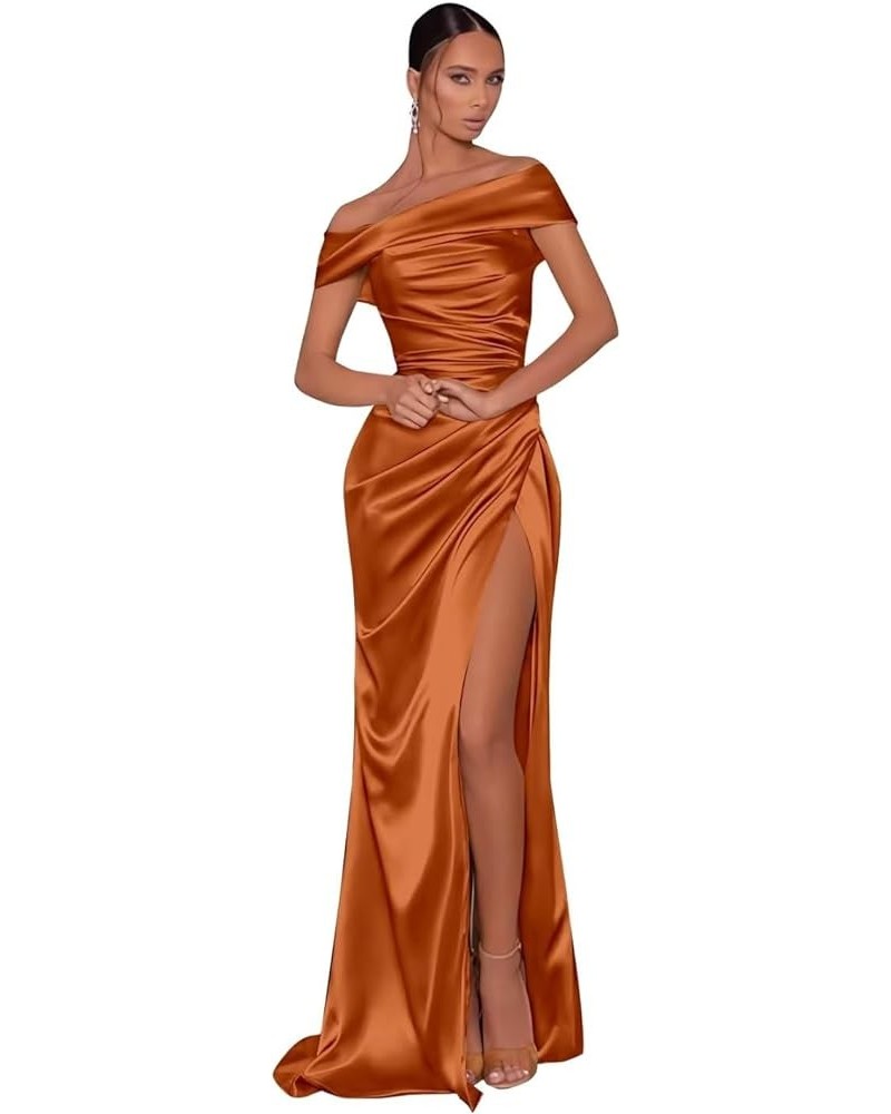 Mermaid Satin Bridesmaid Dresses Off The Shoulder Pleated Formal Evening Prom Gown Long with Slit MA40 Burnt Orange $35.74 Dr...