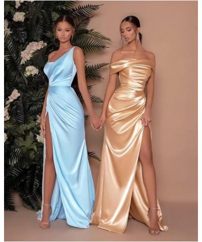 Mermaid Satin Bridesmaid Dresses Off The Shoulder Pleated Formal Evening Prom Gown Long with Slit MA40 Burnt Orange $35.74 Dr...