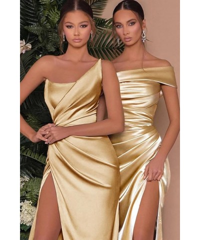 Mermaid Satin Bridesmaid Dresses Off The Shoulder Pleated Formal Evening Prom Gown Long with Slit MA40 Burnt Orange $35.74 Dr...